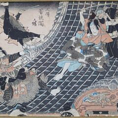 Two Japanese Woodblock Prints “Kawase Hasui Spring Rain at the Gokoku Temple” and “Fighting Samurais”