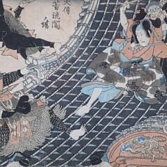 Two Japanese Woodblock Prints “Kawase Hasui Spring Rain at the Gokoku Temple” and “Fighting Samurais”