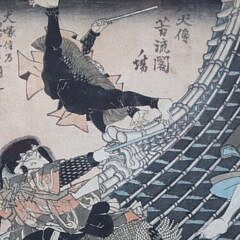 Two Japanese Woodblock Prints “Kawase Hasui Spring Rain at the Gokoku Temple” and “Fighting Samurais”