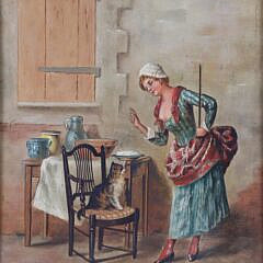 36-5481 G.E. Hill Oil on Canvas Interior Scene of Lady with Cat A IMG_9997