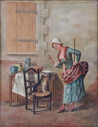36-5481 G.E. Hill Oil on Canvas Interior Scene of Lady with Cat A IMG_9997