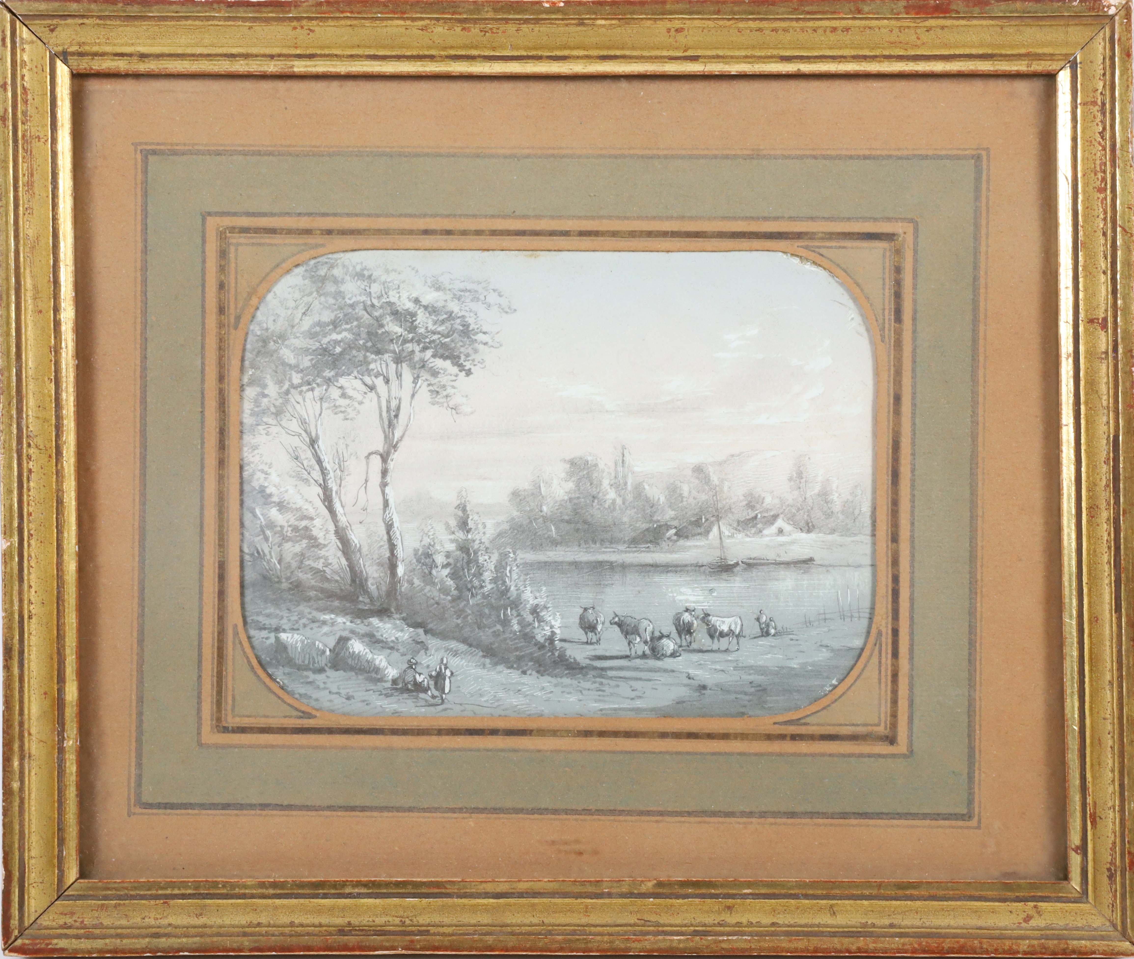 19th Century Pencil on Paper Drawing " River Landscape" - Pencil and ...