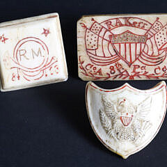Collection of Three Whalemen Carved Antique Whale Ivory Going Ashore Neckerchief Slides, circa 1850s