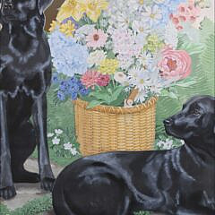 Bruce F. Dilts Fireplace Screen, Acrylic on Wood, “Lightship Basket with Labs”, circa 1984