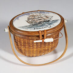 Miniature Nantucket Basket Purse with Polychrome Scrimshaw Decoration of the Whaleship Essex