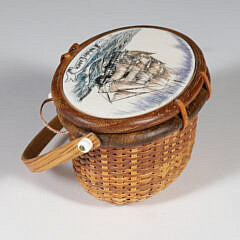 Miniature Nantucket Basket Purse with Polychrome Scrimshaw Decoration of the Whaleship Essex