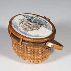 Miniature Nantucket Basket Purse with Polychrome Scrimshaw Decoration of the Whaleship Essex