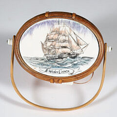 Miniature Nantucket Basket Purse with Polychrome Scrimshaw Decoration of the Whaleship Essex