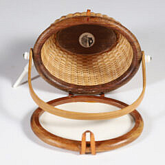 Miniature Nantucket Basket Purse with Polychrome Scrimshaw Decoration of the Whaleship Essex
