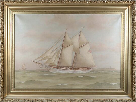 Oil on Linen American Schooner Emma Ritch with Headland and Sailing Vessel in the Distance