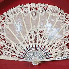 Cased Mother of Pearl Lady’s Lace and Watercolor Hand Fan, 19th Century