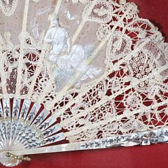 Cased Mother of Pearl Lady’s Lace and Watercolor Hand Fan, 19th Century