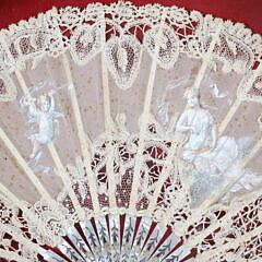 Cased Mother of Pearl Lady’s Lace and Watercolor Hand Fan, 19th Century