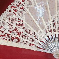 Cased Mother of Pearl Lady’s Lace and Watercolor Hand Fan, 19th Century