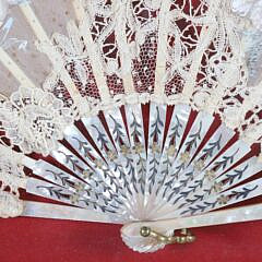 Cased Mother of Pearl Lady’s Lace and Watercolor Hand Fan, 19th Century