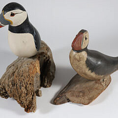 Two R. Monk Polychromed Wood Sculptures of Puffins