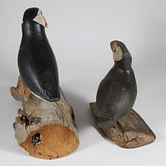 Two R. Monk Polychromed Wood Sculptures of Puffins