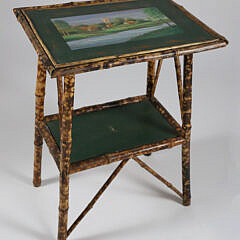 Antique "Tortoiseshell" Bamboo Two-Tier Stand with Landscape Painted Top