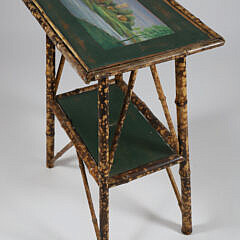 Antique “Tortoiseshell” Bamboo Two-Tier Stand with Landscape Painted Top