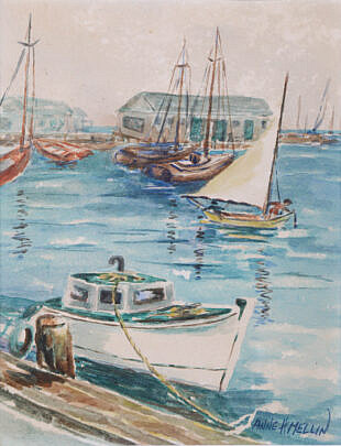 Anne H. Mellin Watercolor on Paper "Nantucket Harbor Scene"
