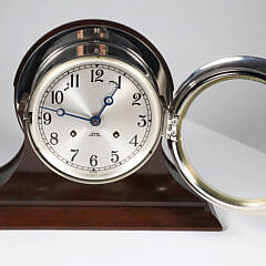 Nickel Plated Chelsea Ship’s Bell Clock on Mahogany Stand