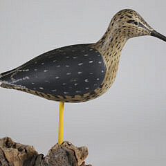 Vintage Carved and Painted Yellow Leg Shorebird Decoy on Driftwood Base