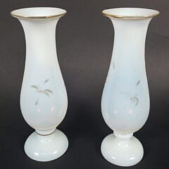 Pair of Vintage Floral Decorated Milk Glass Bud Vases