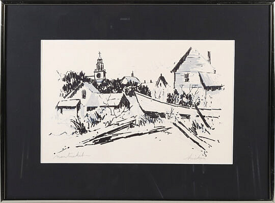 Philip Hicken (1910-1985) Pen and Marker Town Clock Nantucket