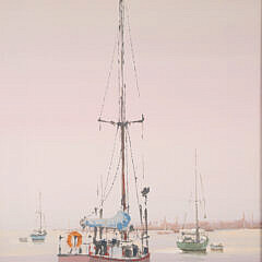Kerry Hallam Oil on Canvas “Sailboats Anchored in Calm Harbor”