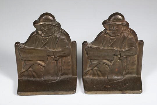 Billy Baldwin Patina Brass Bookends, "Copyright 1928 Cape Cod Fisherman"
