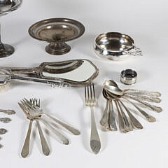 Twenty-Six Pieces of Assorted Sterling Silver Including Porringer, Tazza, Brush, Mirror, Forks, Spoons