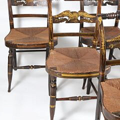 Set of Six Fancy Sheraton Rush Seat Dining Chairs with Eagle Back Rests, 19th Century