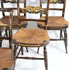 Set of Six Fancy Sheraton Rush Seat Dining Chairs with Eagle Back Rests, 19th Century