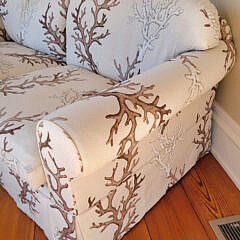 Designer Manuel Canovas Atoll – Teck Coral Fabric Upholstered Four-Cushion Love Seat
