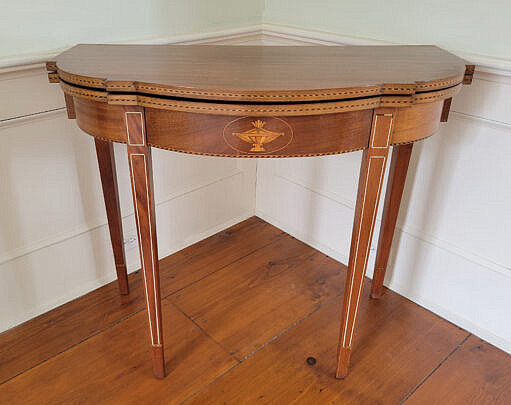 Mahogany Demilune Multi-Wood Inlaid Card Table, 19th Century