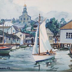 Edwin Oman Watercolor on Paper “Sailing Out of Nantucket Harbor”