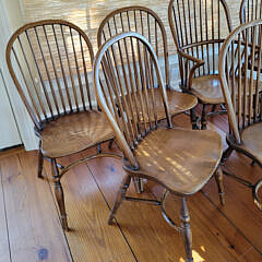 Set of Eight Vintage English Oak Bow-back Windsor Style Dining Chairs