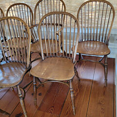 Set of Eight Vintage English Oak Bow-back Windsor Style Dining Chairs