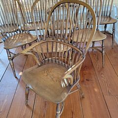Set of Eight Vintage English Oak Bow-back Windsor Style Dining Chairs