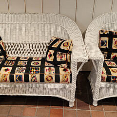 White Painted Rattan Sofa and Armchair with "Playing Card" Needlepoint Pillows