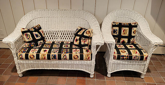 White Painted Rattan Sofa and Armchair with "Playing Card" Needlepoint Pillows