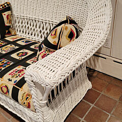 White Painted Wicker Sofa and Armchair with “Playing Card” Needlepoint Pillows