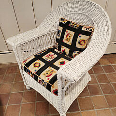White Painted Wicker Sofa and Armchair with “Playing Card” Needlepoint Pillows
