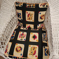 White Painted Wicker Sofa and Armchair with “Playing Card” Needlepoint Pillows