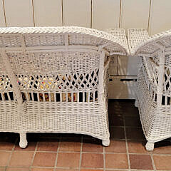 White Painted Wicker Sofa and Armchair with “Playing Card” Needlepoint Pillows