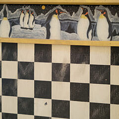 Folk Art Paint Decorated Penguin Themed Chess – Checkerboard on Stand