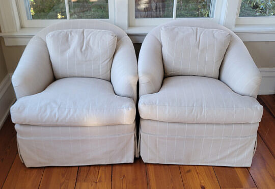 Pair of Creme-Beige Upholstered Swivel Chairs