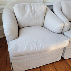 Pair of Creme-Beige Pinstripe Upholstered Swivel Club Chairs