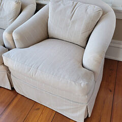 Pair of Creme-Beige Pinstripe Upholstered Swivel Club Chairs