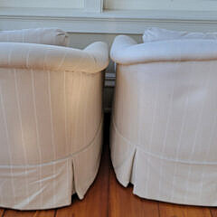 Pair of Creme-Beige Pinstripe Upholstered Swivel Club Chairs